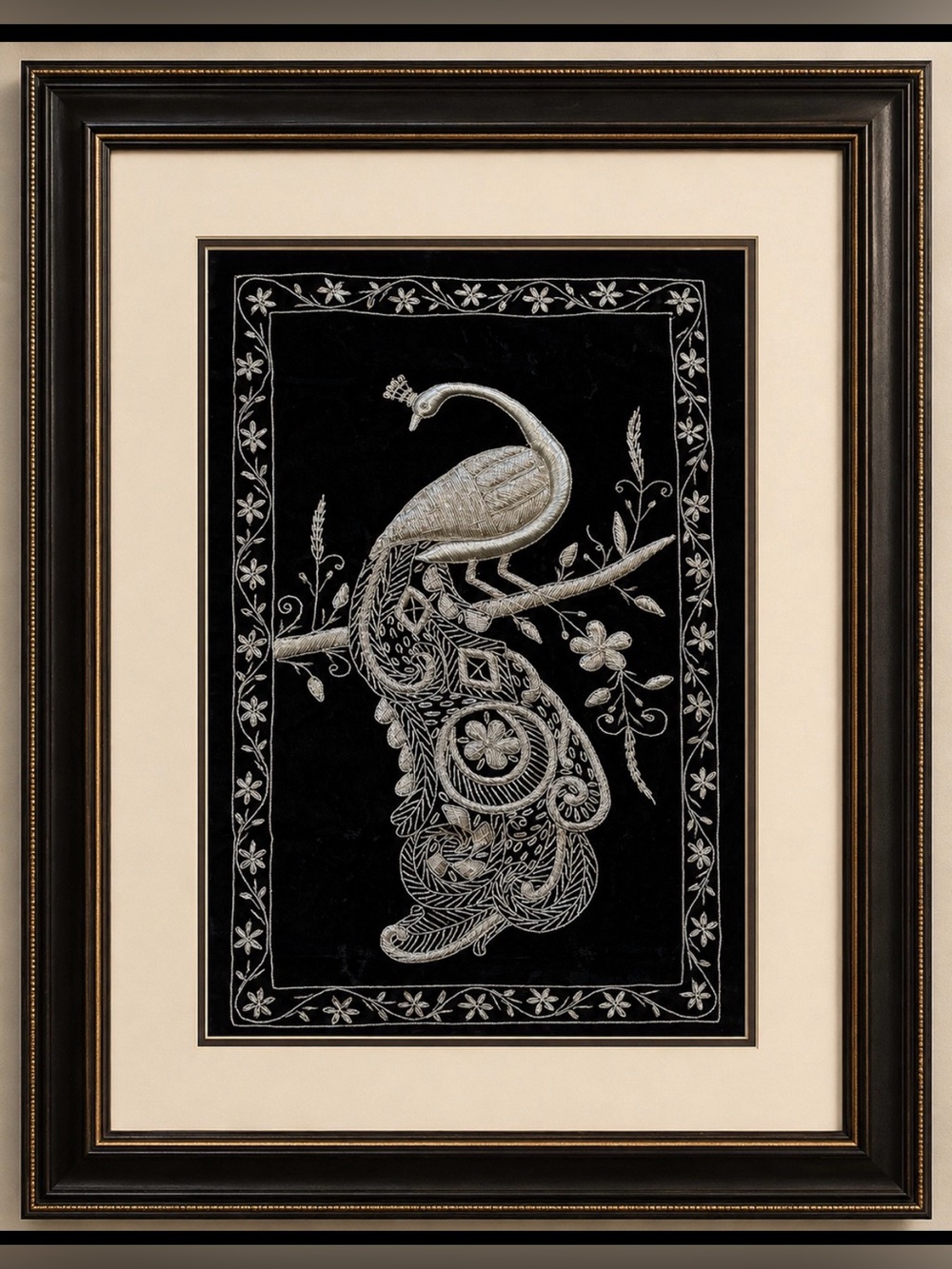 Embroidered Peacock Wall Hanging in Silver on Black